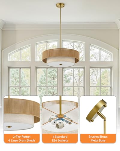 VONLUCE 17.7" Boho Rattan Chandelier, 4-Light Drum Chandelier with 2-Tier Woven Rattan Ceiling Light for Dining Room Bedroom Living Room with E26 Sockets, Gold Finish, ETL Certified - color: Gold, size: 18inch