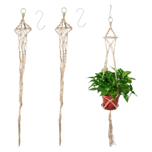 2Pcs Macrame Plant Hangers for Indoor Outdoor, Hanging Net Plant Basket with Wood Bead, Decorative Flower Pot Holders with 2Pcs S Hooks for Room Balcony Garden Home Decor, Tan, 1190x125mm - color: Tan