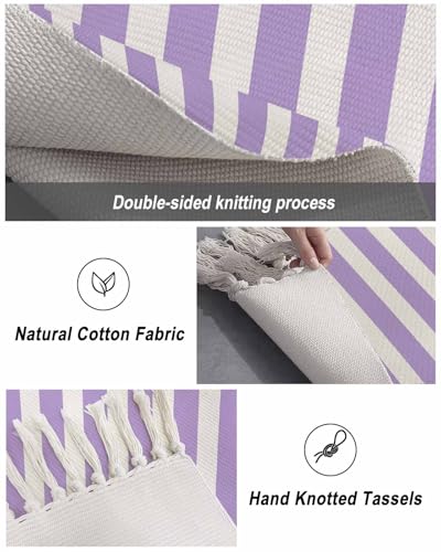 Purple Stripes Kitchen Runner Rug 2'x4', Washable Woven Cotton Area Rug with Tassels Bathroom Hallway Rug, Farmhouse White Simple Vertical Striped Entryway Bedroom Rug Non Slip Throw Rug Carpet - color: Purple, size: 2 x 4 ft