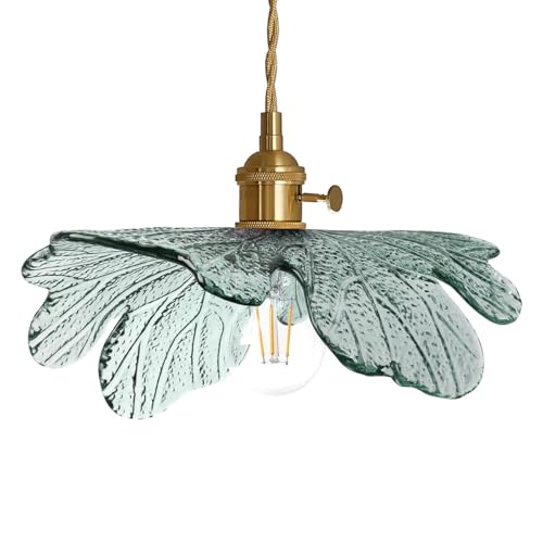 Hardwire Petal Glass Pendant Light Kitchen Island, Brass Chandelier | Hanging Light, Sculptural Art Glass, Unique, Vintage, Gold, Adjustable, Mid Century, Modern,Dining Room,Bedroom, High Ceiling - color: Dark Green, Hardwired, size: Hardwired