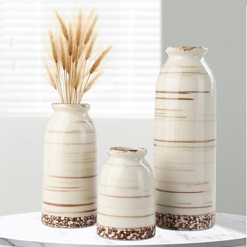 Beige Ceramic Vase Set of 3, Farmhouse Decorative Vase for Pampas Grass, Living Room, Bathroom, Bookshelf, Centerpieces Beige - color: Beige