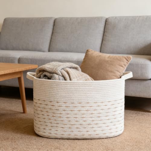 Large Blanket Basket,Woven Rope Basket Storage Bin with Handles,65L Rectangle Laundry Basket for Magazines,Toys,Clothes,Newspaper Shelf Organization,Nursery and Living Room,White&Yellow - color: White & Yellow, size: 21"x16"x12"(65L)