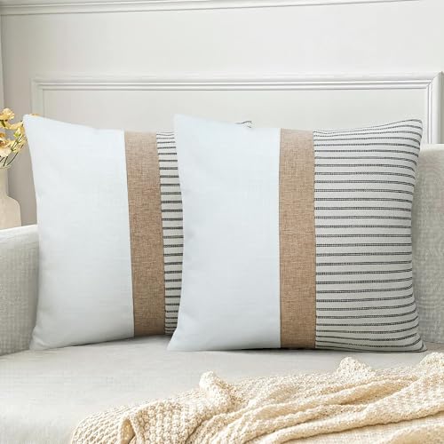 JASEN Farmhouse Pillow Covers 20x20, Modern Accent Square Throw Pillow Covers Set of 2, Black and Beige Striped Patchwork Decorative Pillow Case for Sofa Couch Chair Bedroom - color: Black, size: 20" x 20" (Pack of 2)