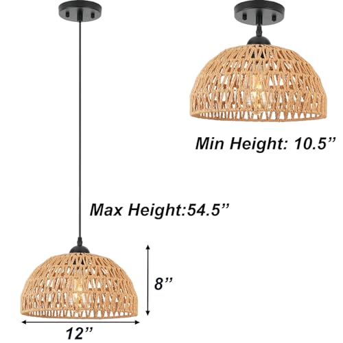 12" Rattan Pendant Light, Boho Dome Woven Hanging Light Fixture, Adjustable Height Natural Style Ceiling Lamp for Kitchen Island, Dining Room, Entryway, Bedroom, Hallway, EH61760P1