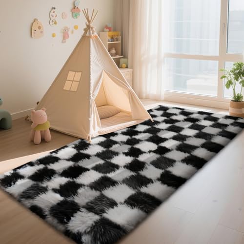 Checkered Rug for Bedroom, 2x4 Black and White Area Rugs, Classic Checkered Carpets Shag Area Rug, Bedside Rugs for Living Room Bedroom Room Home Decor - color: Black and White, size: 2' x 4' (Rectangular)