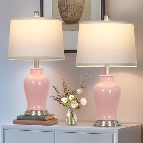 23" Ceramic Table Lamps Set of 2, Modern Ceramic Lamps for Living Room, Cute Bedside Lamps with Ginger Jar Design, Elegant Bedroom Lamps for Nightstand Dining Room Desk Side End Table Home Decor, Pink - color: Pink