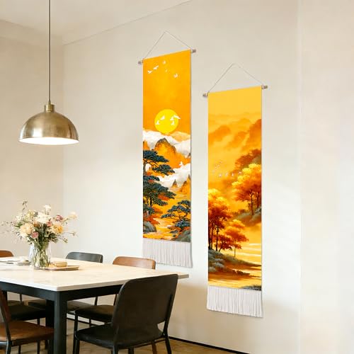 seewan 2 Pack Long Vertical Wall Tapestry, Boho Nature Landscape & Floral Aesthetic Wall Hanging for Bedroom Living Room Home Decor, Long Narrow Art Tapestry with Sunrise Mountain Botanical Designs, 13" × 51" (Golden Horizon Dawn, 13"Wx51"H, Unframed) - c