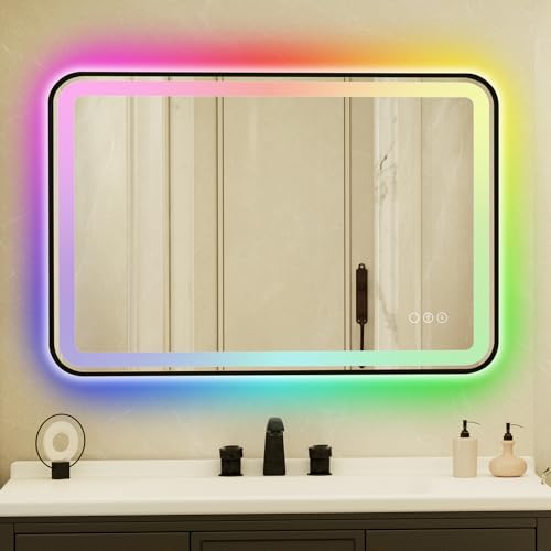 24x36 Inch Black Framed LED Bathroom Mirror with Lights,Smart Bathroom Mirror,RGB,Anti-Fog,Stepless Dimmable & 3 Colors,Memory,Vanity Mirror for Wall - color: Black-rgb, size: 24"L x 36"W