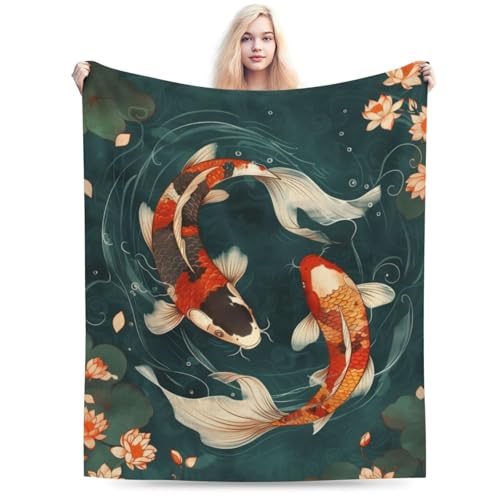 Cute Koi Fish Blanket Gifts for Women Kids, Lotus Flannel Blankets, Warm Cozy Soft Throw for Bedroom, Camping, Couch, Decor 50x60 in - color: Fish, size: 50"x60"