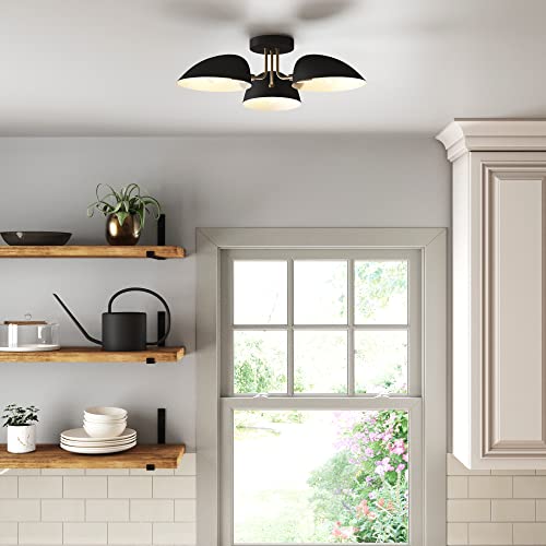 Nathan James Argo Semi Mount Flush Ceiling Light, 3-Lights Modern Retro Lighting with Black Rounded Shades for Hallway, Dining Room and Bedroom, Brass Gold/Black - color: Brass Gold/Black, size: 1