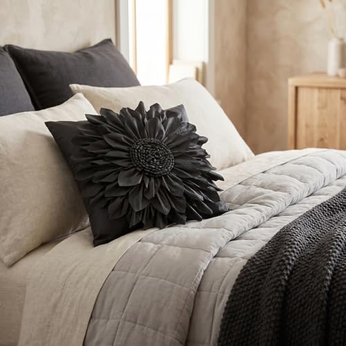 Bella's Giftshop Black Decorative Throw Pillow Covers 18x18 Inch for Bed Sofa Couch, Handmade 3D Accent Sunflower Floral Pillowcase, Living Room Decor - color: Black