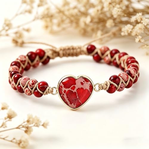 Women Boho Wrap Bracelet,Handmade Natural Stone Crystal Emperor Beads Heart Bracelet, Fashion Bohemian Jewelry Gift for Women - color: Red #2