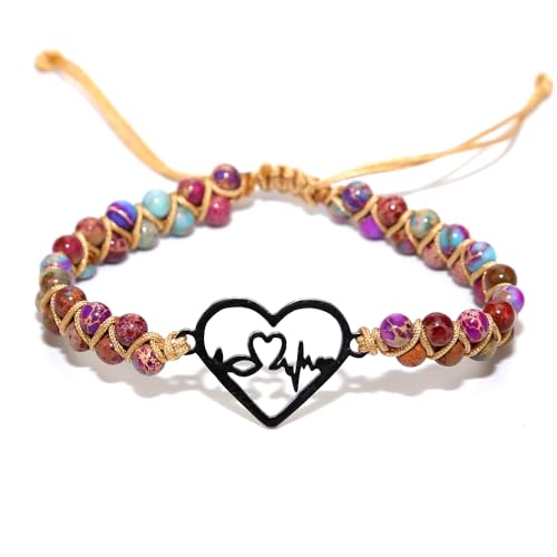 Women Boho Wrap Bracelet,Handmade Natural Stone Crystal Emperor Beads Heart Bracelet, Fashion Bohemian Jewelry Gift for Women - color: Heartbeat