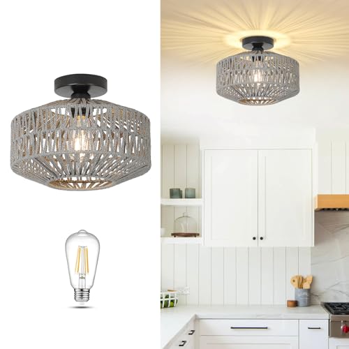Boho Light Fixtures Ceiling Mount，Rattan Ceiling Light Fixture with Dimmable LED Bulb，Mini Hand Woven Chandelier Light Fixtures Ceilingfor Hallway Bedroom Kitchen Entryway Living Room（Grey） - color: Gray