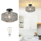 Boho Light Fixtures Ceiling Mount，Rattan Ceiling Light Fixture with Dimmable LED Bulb，Mini Hand Woven Chandelier Light Fixtures Ceilingfor Hallway Bedroom Kitchen Entryway Living Room（Grey） - color: Gray