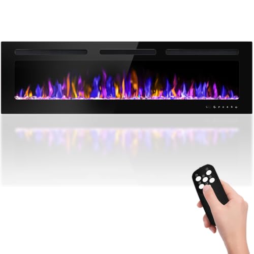 BETELNUT 60" Electric Fireplace Wall Mounted and Recessed with Remote Control, 750/1500W Ultra-Thin Wall Fireplace Heater W/Timer Adjustable Flame Color and Brightness, Log Set & Crystal Options - size: 60 Inch