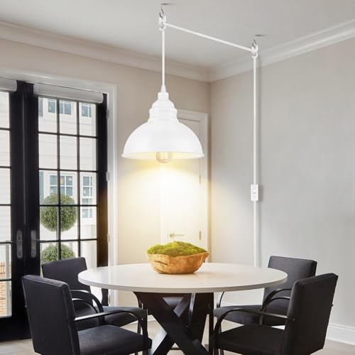Plug in Pendant Light, 15FT Hanging Lights, On/Off Switch, Industrial Pendant Light with Plug in Cord, Metal Hanging Lamps for Living Room, Kitchen, Dining Room White - color: White