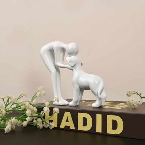 Dog Sculpture Home Decor Cute Man and Dog Statue Decoration for Office、Living Room、Bedroom、Home， Memory Gifts for Pet Lovers (White) - color: White