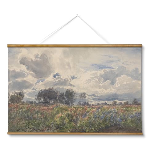 ARPEOTCY Extra Large Vintage Framed Wall Art, 36x54 Inch Farmhouse Retro Watercolor Sky Field Landscape Hanging Wall Art, Large Rustic Canvas Home Decor Aesthetic for Living Room Bedroom Office - color: Windy Countryside