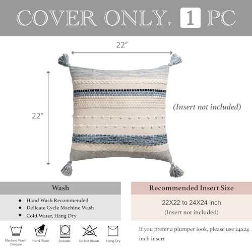 BlissBlush Coastal Blue Boho Decorative Throw Pillow Cover 22x22 Modern Bohemian Accent Pillow Case Square Woven Textured Farmhouse Pillows for Couch Bed (Pack of 1) - color: Coastal Blue, size: 22" x 22" (Pack of 1)