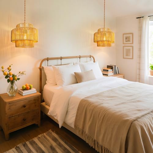 Hanging Light Ceiling Lamp Pendant Lights Rattan Hanging Lamp with Plug in Cord for Living Room Bedroom Kitchen Indoor Hanging Lamp Plug in Woven Lampshade - size: 12 Inch-Lantern Shade