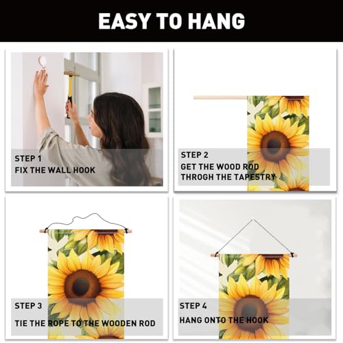 PLIGREAT 2 Pack Vertical Sunflower Wall Tapestry for Bedroom, Yellow Flower Tapestry with Tassels Aesthetic Wall Hanging for Living Room Bedroom Long Narrow Art Decor, 52" x 13" - color: yellow,green