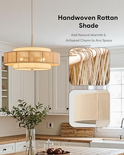 VONLUCE 23.6" Boho Rattan Chandelier, 6-Light Drum Chandelier with 3-Tier Woven Lampshade, Rattan Ceiling Light for Dining Room Bedroom Living Room with E26 Sockets, Nickel Finish, ETL Certified - color: Nickel, size: 24inch