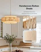 VONLUCE 23.6" Boho Rattan Chandelier, 6-Light Drum Chandelier with 3-Tier Woven Lampshade, Rattan Ceiling Light for Dining Room Bedroom Living Room with E26 Sockets, Nickel Finish, ETL Certified - color: Nickel, size: 24inch