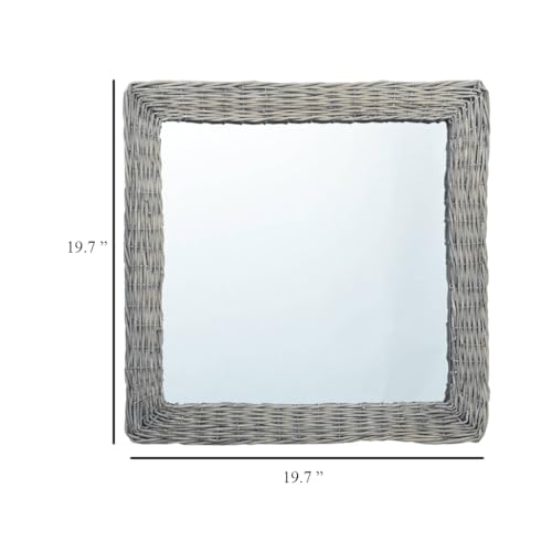 Benzara Wall Mounted Mirror, 20 Inch Square Wicker Woven Frame in Beige