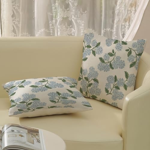 Spring Pillow Covers 18x18 Inch 2 Pcs Blue Green Hydrangea Flower Decor Throw Pillows Vintage Floral Seasonal Summer Outdoor Decoration Pillowcase Linen Cushion Cover for Couch Sofa - color: Hydrangea, size: 18" x 18" (Pack of 2)