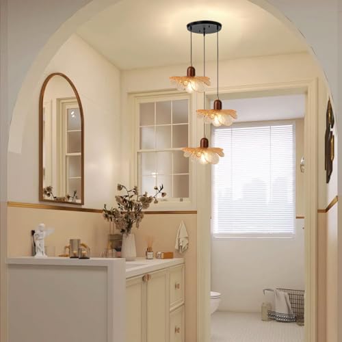 Amber Petal Glass Swag Pendant Light Fixture, 3-Light Rustic Wood Cluster Hanging Light, Adjustable Height for Greenhouse Cottage Living Room Farm Bistro Island - color: Amber, 3 Lights
