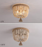 AMZASA Boho Flush Mount Ceiling Light Wooden Beaded Hepm Rope Oak Withe Farmhouse Beaded Chandelier Light Fixture 3 Lights for Nursery Bedroom Hallway Entryway - color: Hemp Rope