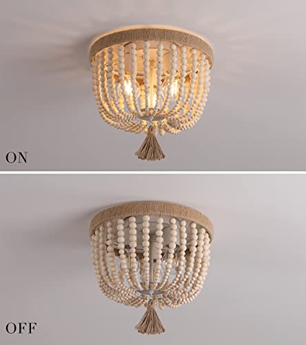 AMZASA Boho Flush Mount Ceiling Light Wooden Beaded Hepm Rope Oak Withe Farmhouse Beaded Chandelier Light Fixture 3 Lights for Nursery Bedroom Hallway Entryway - color: Hemp Rope