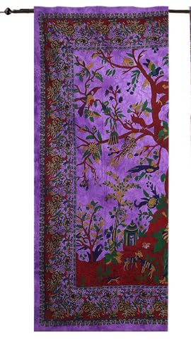 Purple Tree of Life Indian Mandala Window Door Curtains Decor Wall Hanging Room Window Curtains Wall Panels Boho Cotton Tapestry Psychedelic Wall Drapes Window Treatments Set - color: Purple, size: 52"W x 82"L (Pack of 1)