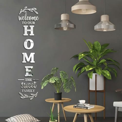 Wall Mirror, Silver 100x20cm Family Decor Removable 3D Acrylic Decorative Mirror Decals Self-Adhesive Reflective Stickers for Living Room Wall Art Entryway Background Home Decor Family Signs
