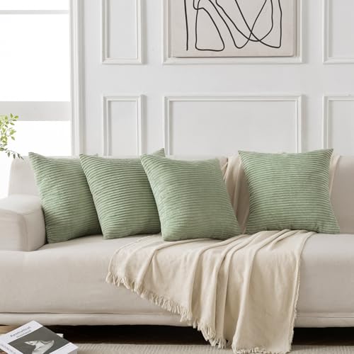 Volcanics Set of 4 Sage Green Corduroy Decorative Couch Throw Pillow Covers 18x18 Inch, Western Modern Farmhouse Striped Cushion Cases, Soft Boho Square Accent Pillow Covers for Home Sofa - color: Sage Green, size: 18" x 18" (Pack of 4)
