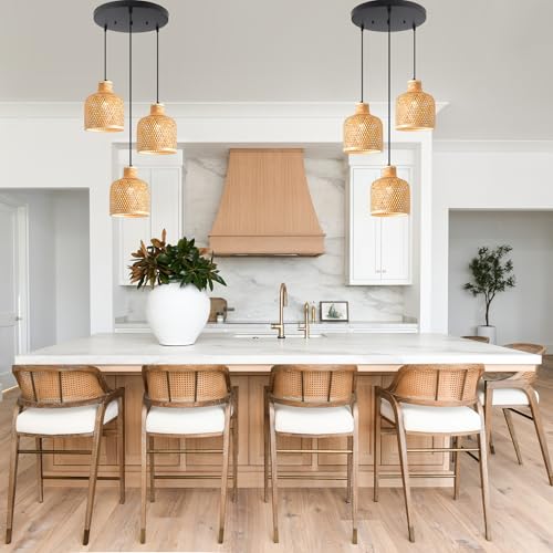 3-Light Bamboo Woven Pendant Light Boho Rattan Hanging Chandelier with Adjustable 59" Cord, Farmhouse Wicker Shade Ceiling Light Fixture for Dining Room Kitchen Island Living Room - color: Natural Wood Color