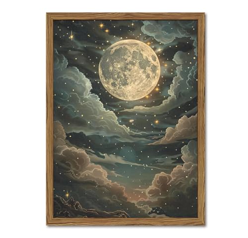 Dark Mystical Moon Wall Art Vintage Cottagecore Celestial Wall Decor Picture Moody Night Cloud Sky and Star Poster Canvas prints for Living Room Bedroom 12x16 inch Wood Framed - color: Moon, size: 16"L x 12"W
