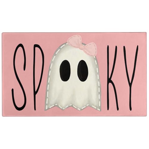 Halloween Door Mat,Spooky Ghost Pink Outdoor Mats for Front Door,Halloween Indoor Entrance Non-Slip Doormat,Halloween Entryway Welcome Rubber Mats for Front Porch Decor 30" x 17" - color: Spooky Ghost Pink Doormats
