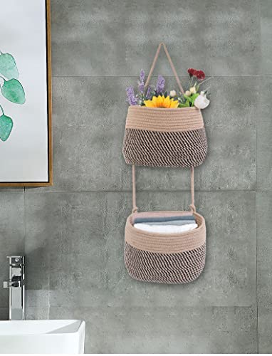 Over The Door Hanging Basket, 2 Tier Cotton Rope Woven Wall Basket, Magazine Racks Hanging Organizer, Decorative Hanging Storage Baskets for Organizing Living Room, Bathroom and Bedroom (Jute-black) - color: Jute-black