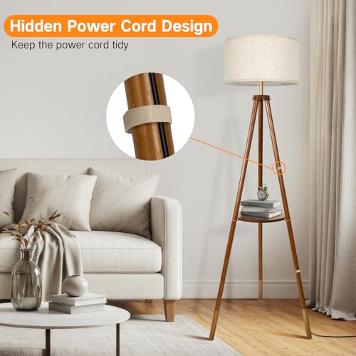OUTON Wood Tripod Floor Lamp with Shelves, Mid Century Floor Lamp with Remote Control, 4 Color Temperature, LED Modern Dimmable Standing Lamp for Living Room, Bedroom, Office, Walnut & Gold - color: Walnut & Gold