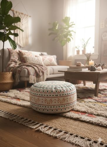 MOCOFO Unstuffed Boho Pouf Cover Round Ottoman Foot Rest 18x8'', Mandala Floor Cushion Case Cotton Blend Tribal Footstool for Living Room Bedroom Home Decor, Cover Only (Sage & Saffron Kilim) - color: Sage & Saffron Kilim