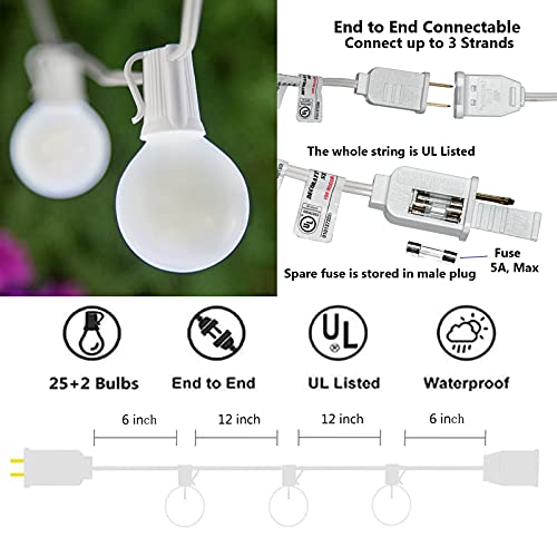 SUNSGNE 25Ft Outdoor Patio Lights G40 Globe String Lights with 27 Frosted White Bulbs, Waterproof Connectable Hanging String Lights for Christmas Patio House Backyard Balcony Party, White Wire - color: Frosted White-White, size: 25 Ft