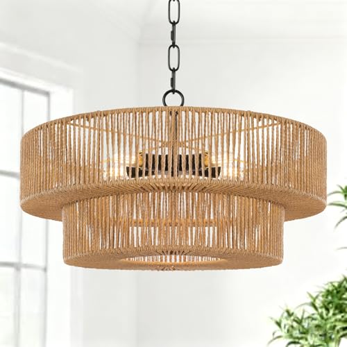 21.6 Inch Boho Rattan Chandelier, 5-Lights Hand Woven Bohemian Chandeliers with 2-Tier Drum Wicker Shade, Modern Farmhouse Large Pendant Light Fixture for Dining Room Living Entryway Bedroom - color: Matte Black Metal, size: 21.6 Inch