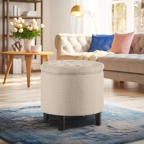 BELLEZE Modern Button Tufted Accent Storage Ottoman, Small Upholstered Circle Pouf Footstool with Lift Top, for Bedroom, Living Room or Vanity, 17-3/4" Round - Lexington (Beige) - color: Beige