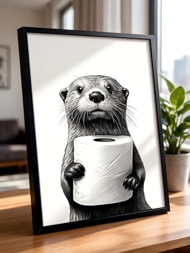 LBTZEVIR Framed Black and White Bathroom Wall Art Funny Otter Holding Toilet Paper Framed Canvas Wall Art, Black and White Bathroom Decor, 8x10 Inches for Bathroom or Powder Room - color: Black and White, size: 8"L x 10"W