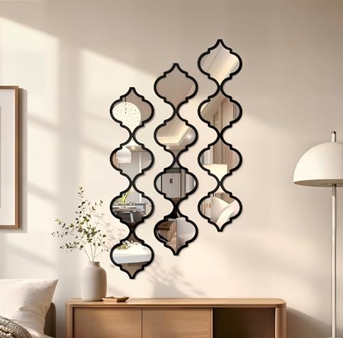 12Pcs Acrylic Mirrors for Wall Decor - Moroccan Mirrors wall Stickers,DIY Self-Adhesive Decorative Mirror Tiles for Living Room, Bedroom, Office, and Wedding Party Decor - color: Black