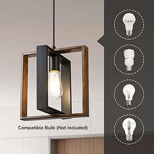 EDISHINE Farmhouse Pendant Light Fixture, Rustic Hanging Light Fixture with Wood Grain and Black Finish, Pendant Lighting for Kitchen Island, Dining Room, Hallway, Adjustable Cord