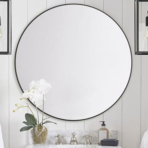 Black Round Mirror 36 inch, Large Circle Wall-Mounted Bathroom Mirror with Tempered Glass-Shatterproof for Entryway, Living Room, Bedroom(36" Black) - color: Black, size: 36"L x 36"W