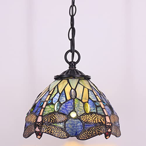 Small Tiffany Pendant Light 8 inch Tiffany Style Stained Glass Pendant Hanging Lamp Small Vintage Hanging Light Fixtures for Home Living Room Restaurant Hallway (Blue Dragonfly Style) - color: Blue Dragonfly Style
